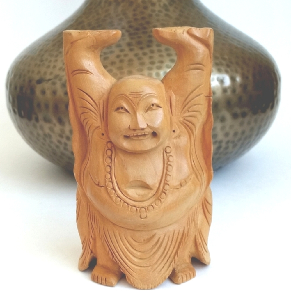 Rare Antique Happy Buddha Hand Carved Wooden Happy Buddha (5” Tall) Unique